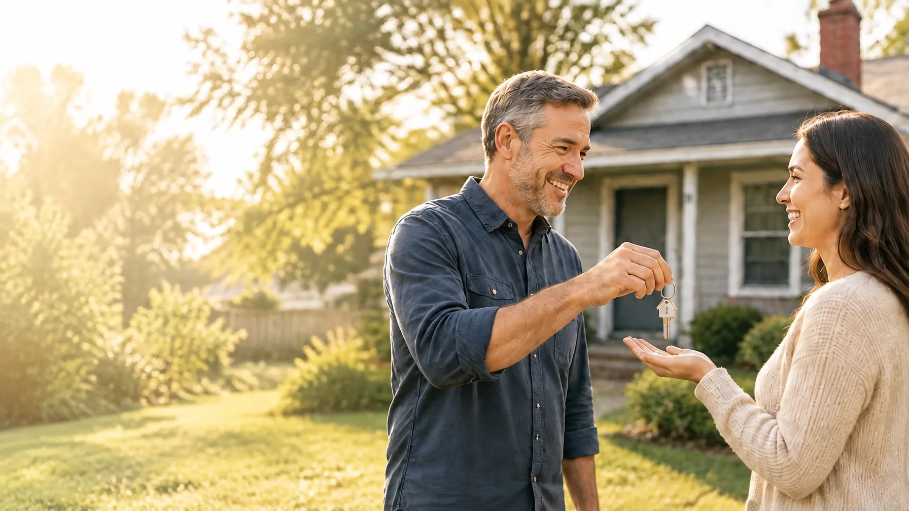 Home buyer handing keys to a homeowner outside a house